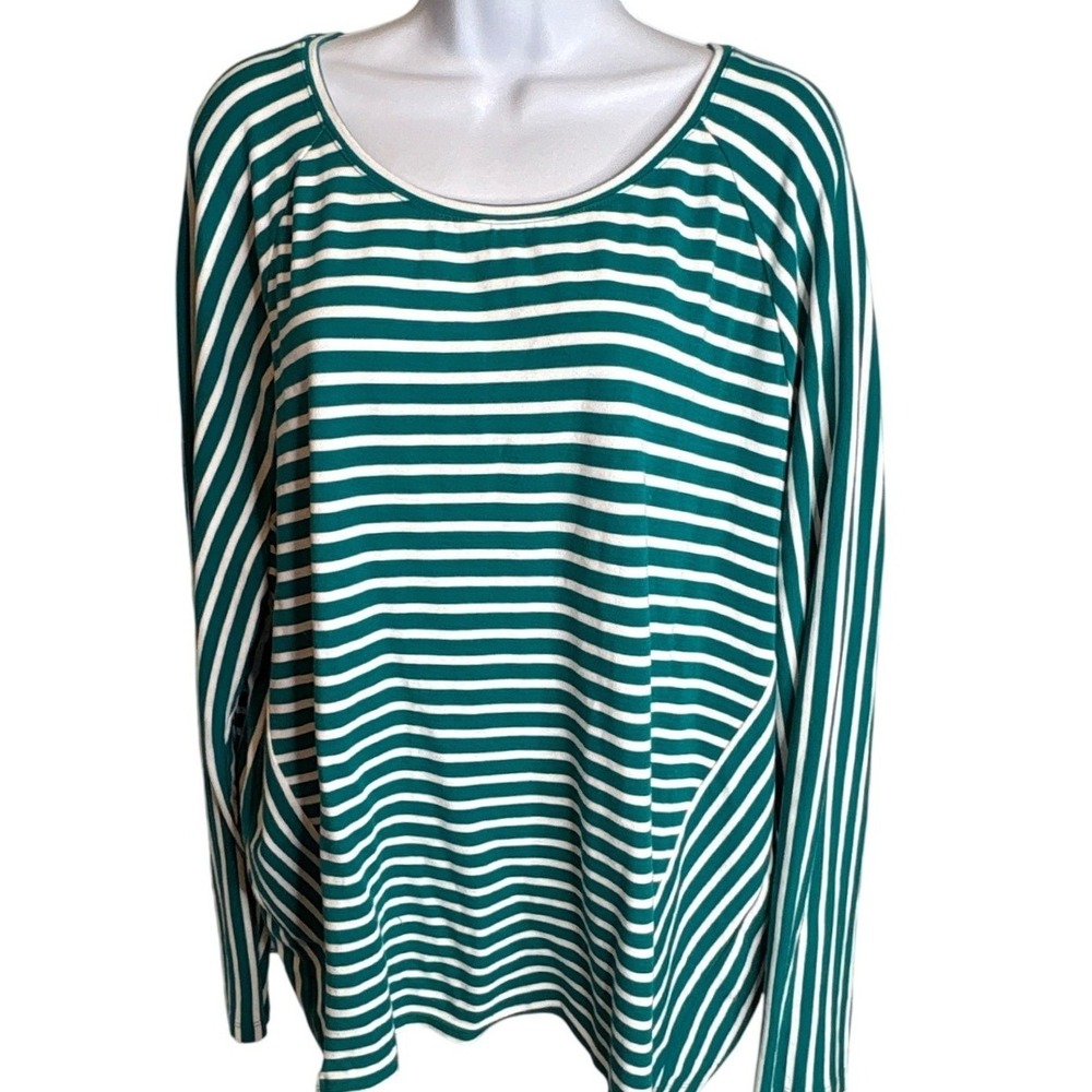 CHICO'S Striped Green White Long Sleeve Top Sz 4/XXL Preppy Nantucket Stretch